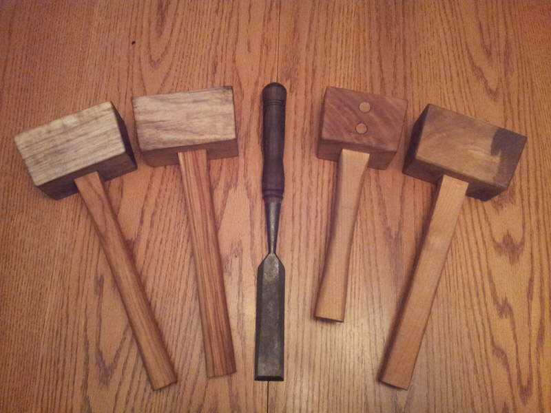 Hand-crafted wooden mallets and chisel, made from walnut and cherry